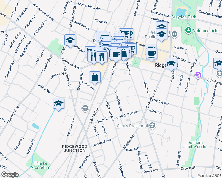 map of restaurants, bars, coffee shops, grocery stores, and more near 206 Woodside Avenue in Ridgewood
