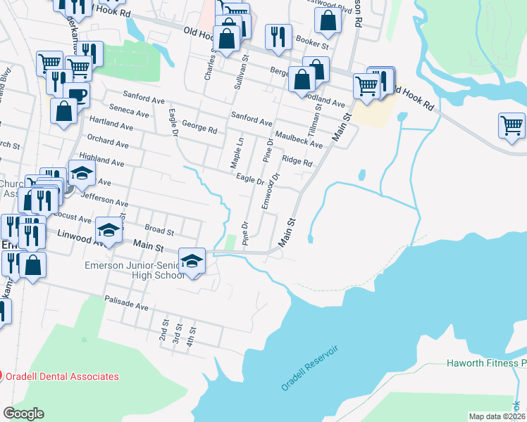 map of restaurants, bars, coffee shops, grocery stores, and more near 37 Emwood Drive in Emerson