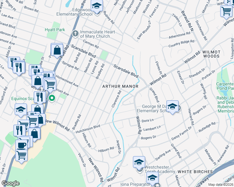 map of restaurants, bars, coffee shops, grocery stores, and more near 140 White Road in Scarsdale