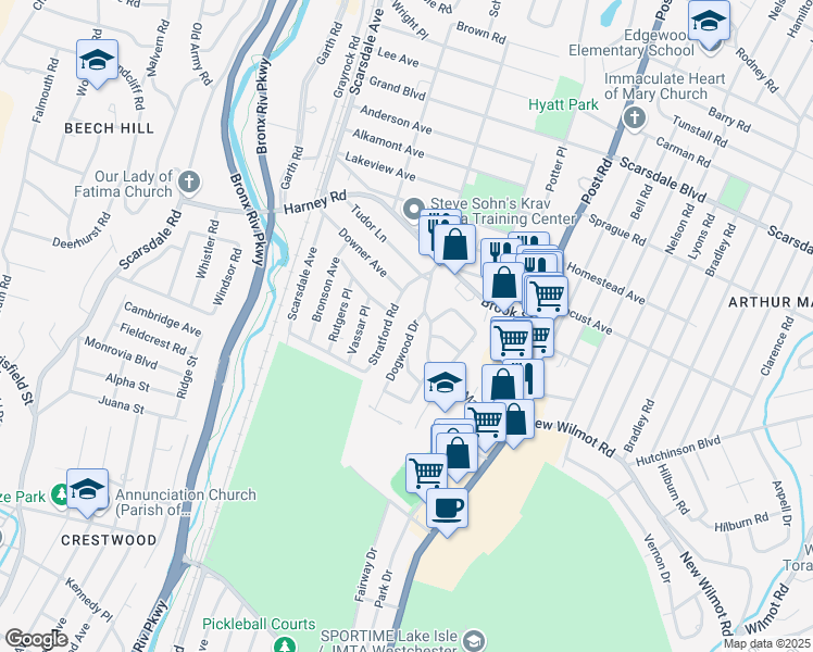 map of restaurants, bars, coffee shops, grocery stores, and more near 6 Dogwood Drive in Scarsdale
