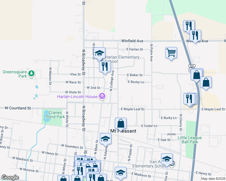 map of restaurants, bars, coffee shops, grocery stores, and more near 724-798 North Lincoln Street in Mount Pleasant