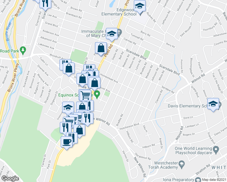 map of restaurants, bars, coffee shops, grocery stores, and more near 94 Webster Road in Scarsdale