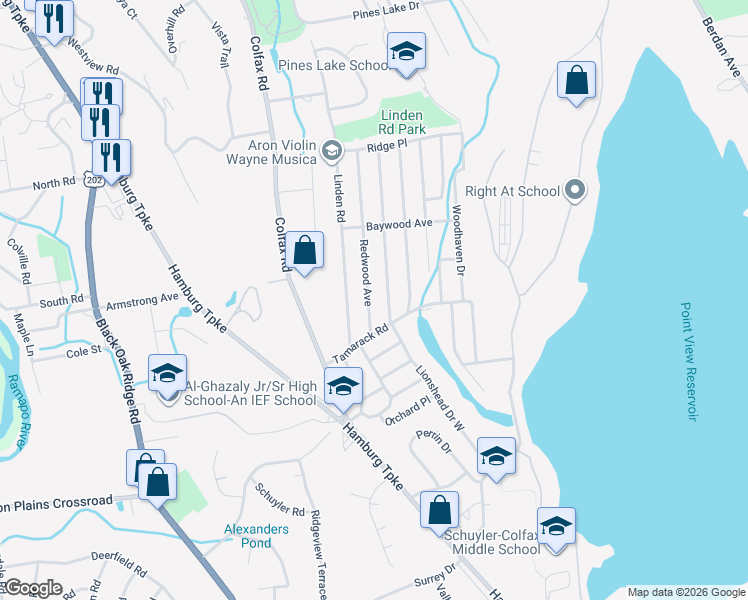 map of restaurants, bars, coffee shops, grocery stores, and more near 18 Redwood Avenue in Wayne