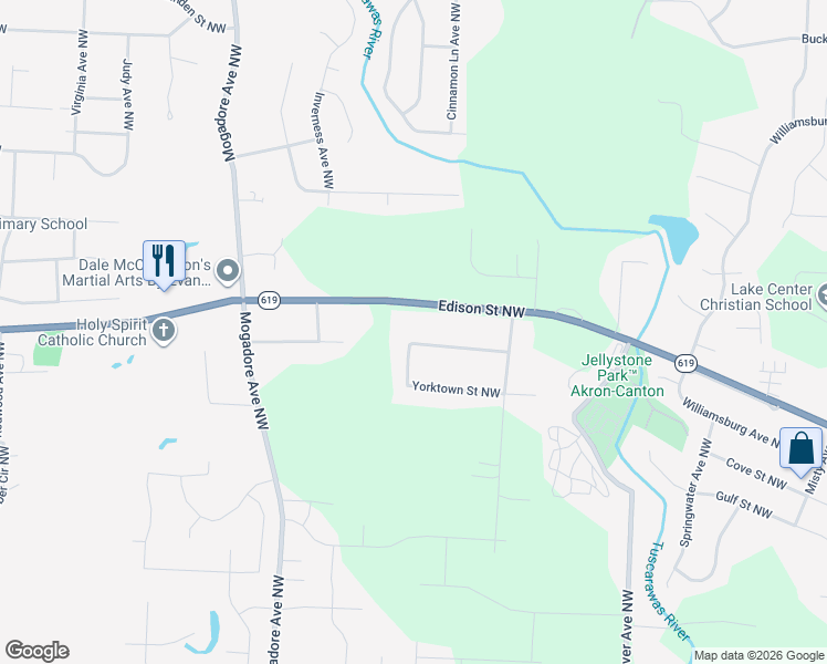 map of restaurants, bars, coffee shops, grocery stores, and more near 12821 Capetown Avenue Northwest in Uniontown