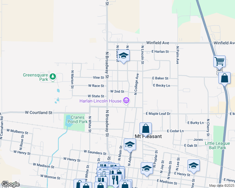 map of restaurants, bars, coffee shops, grocery stores, and more near 107 West Broad Street in Mount Pleasant