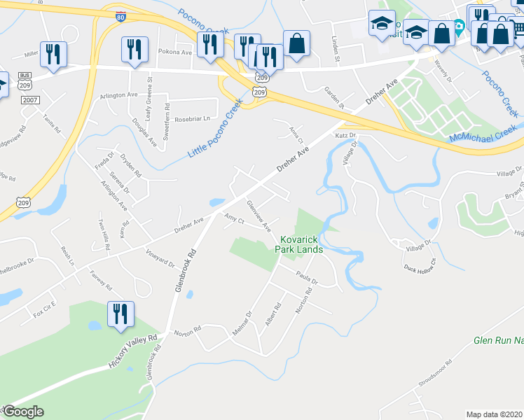 map of restaurants, bars, coffee shops, grocery stores, and more near 1321 Coolbaugh Street in Stroudsburg