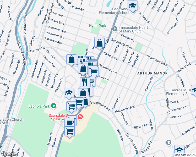 map of restaurants, bars, coffee shops, grocery stores, and more near 67 Bell Road in Scarsdale