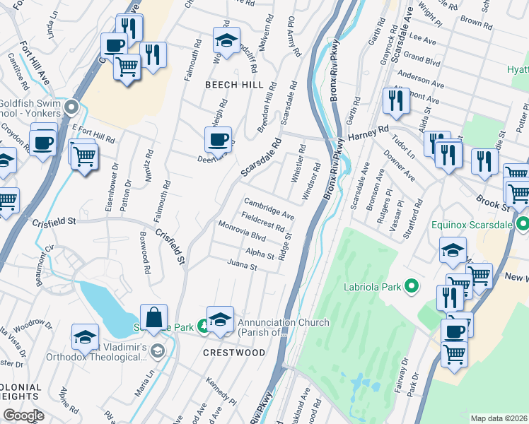 map of restaurants, bars, coffee shops, grocery stores, and more near 36 Fieldcrest Road in Tuckahoe