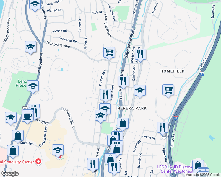 map of restaurants, bars, coffee shops, grocery stores, and more near 1488 Nepperhan Avenue in Yonkers