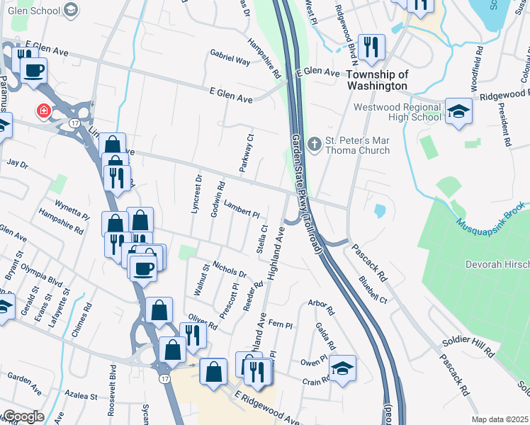 map of restaurants, bars, coffee shops, grocery stores, and more near 809 Stella Court in Paramus