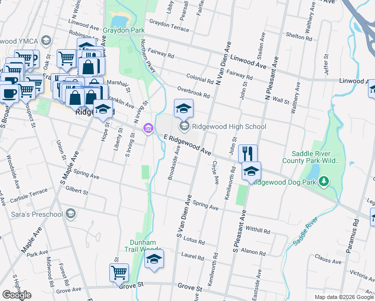 map of restaurants, bars, coffee shops, grocery stores, and more near 33 Brookside Avenue in Ridgewood