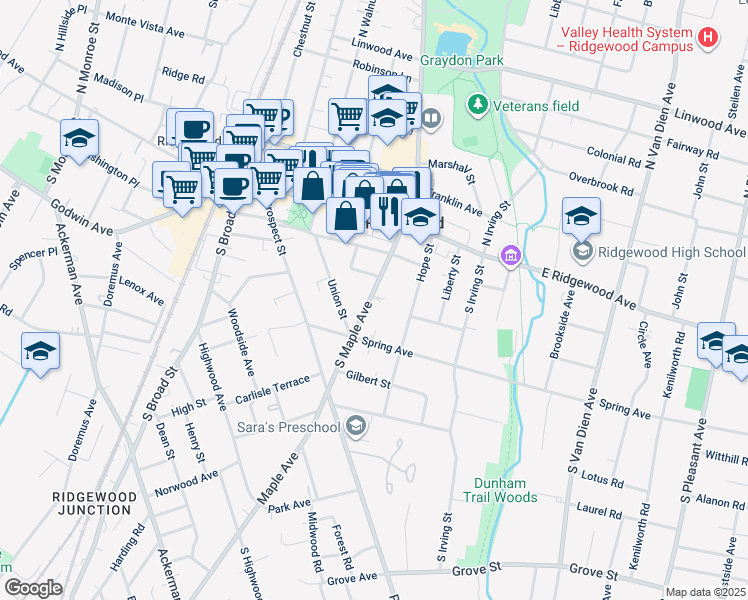 map of restaurants, bars, coffee shops, grocery stores, and more near 123 South Maple Avenue in Ridgewood