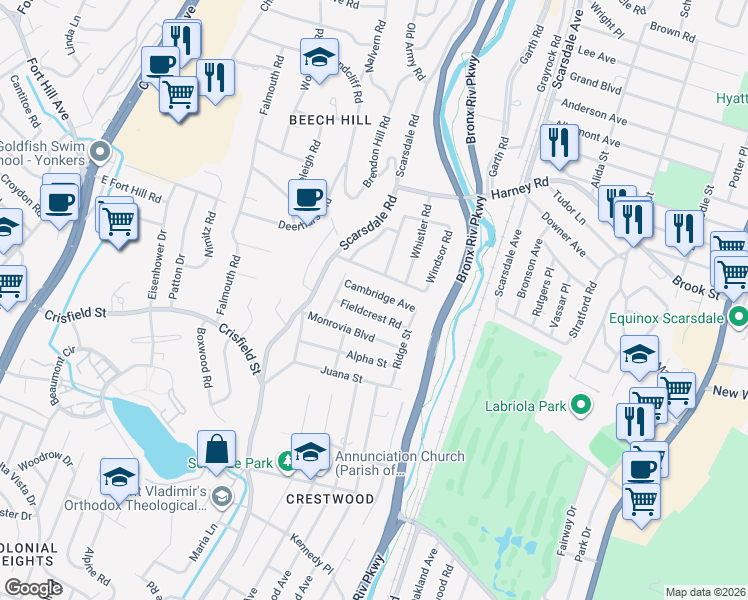 map of restaurants, bars, coffee shops, grocery stores, and more near 36 Fieldcrest Road in Tuckahoe
