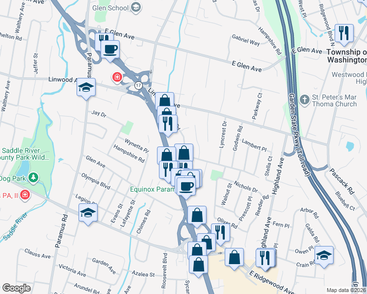 map of restaurants, bars, coffee shops, grocery stores, and more near 809 Alden Road in Paramus
