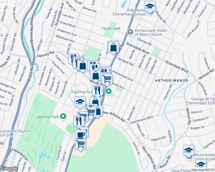 map of restaurants, bars, coffee shops, grocery stores, and more near 801 Post Road in Scarsdale