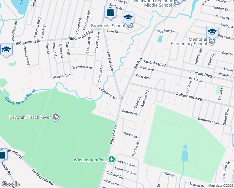 map of restaurants, bars, coffee shops, grocery stores, and more near 14 Lafayette Avenue in Westwood