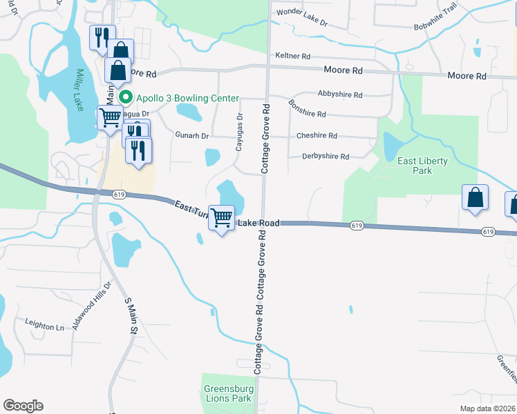 map of restaurants, bars, coffee shops, grocery stores, and more near 3876 Cottage Grove Road in Akron