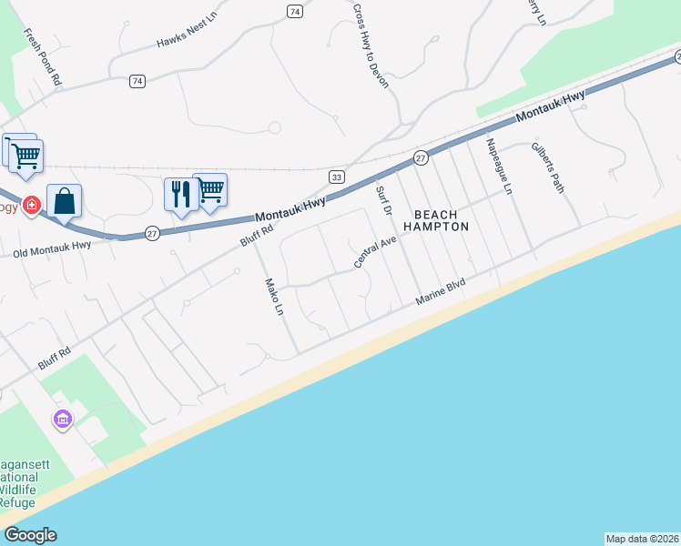 map of restaurants, bars, coffee shops, grocery stores, and more near Central Avenue in Amagansett