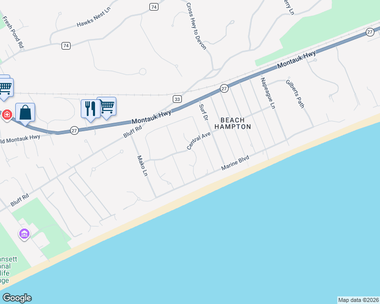 map of restaurants, bars, coffee shops, grocery stores, and more near 97 Central Avenue in Amagansett