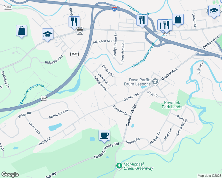 map of restaurants, bars, coffee shops, grocery stores, and more near 5046 Kent Drive in Stroudsburg