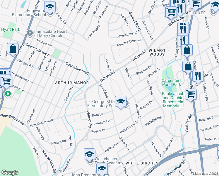 map of restaurants, bars, coffee shops, grocery stores, and more near 33 Wilmot Circle in Scarsdale