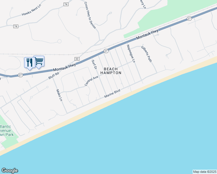 map of restaurants, bars, coffee shops, grocery stores, and more near 89 Surf Drive in Amagansett