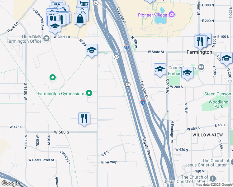 map of restaurants, bars, coffee shops, grocery stores, and more near 587 250 South in Farmington