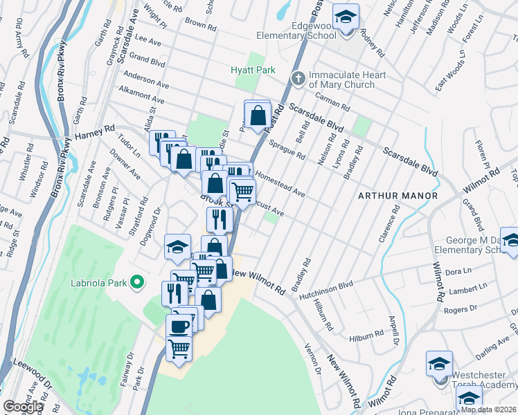 map of restaurants, bars, coffee shops, grocery stores, and more near 67 Bell Road in Scarsdale