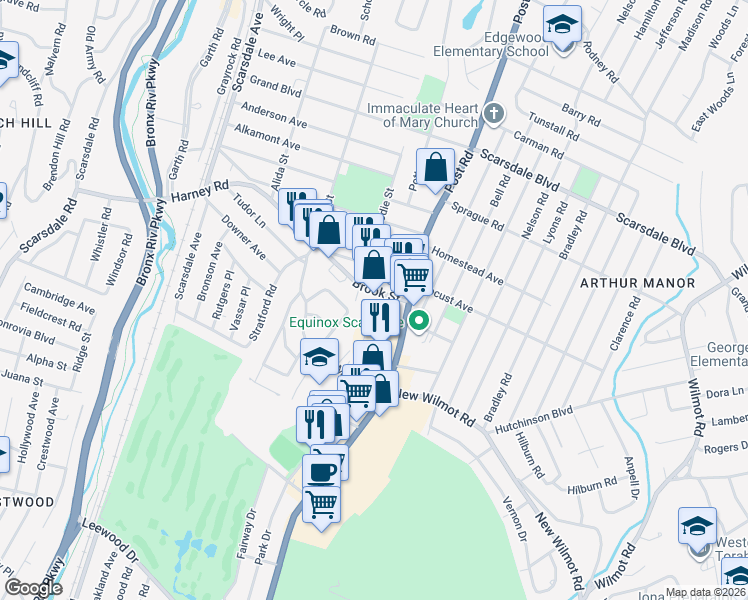 map of restaurants, bars, coffee shops, grocery stores, and more near 24 Ray Place in Scarsdale