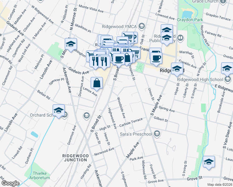 map of restaurants, bars, coffee shops, grocery stores, and more near 206 Woodside Avenue in Ridgewood