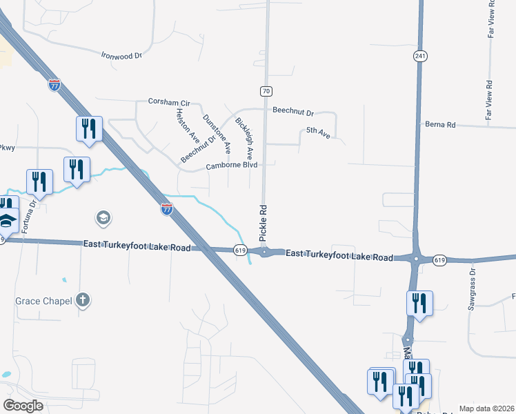 map of restaurants, bars, coffee shops, grocery stores, and more near 3246 Pickle Road in Akron