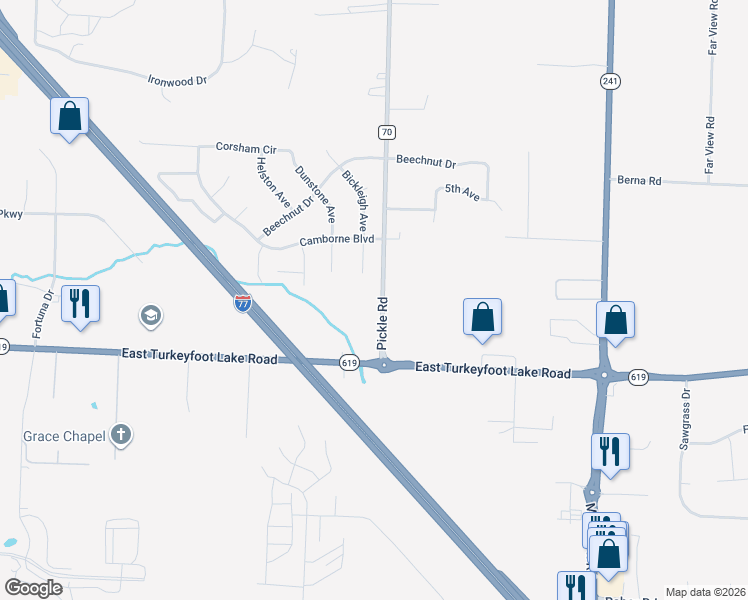 map of restaurants, bars, coffee shops, grocery stores, and more near 3246 Pickle Road in Akron