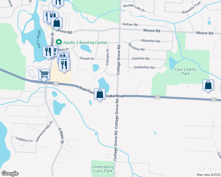 map of restaurants, bars, coffee shops, grocery stores, and more near 3876 Cottage Grove Road in Akron