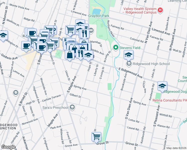 map of restaurants, bars, coffee shops, grocery stores, and more near 120 Liberty Street in Ridgewood