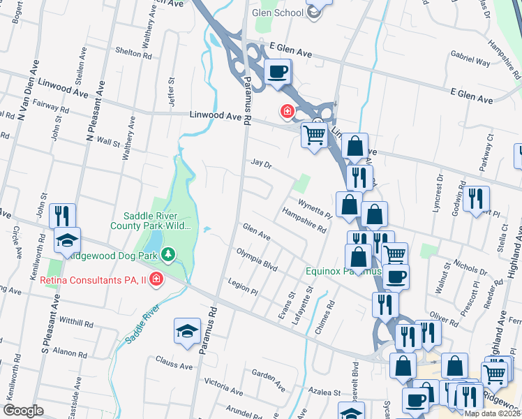 map of restaurants, bars, coffee shops, grocery stores, and more near 101 Glen Avenue in Paramus