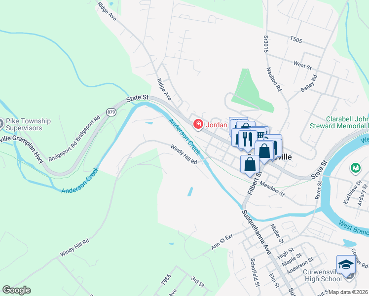 map of restaurants, bars, coffee shops, grocery stores, and more near 504 Windy Hill Road in Curwensville