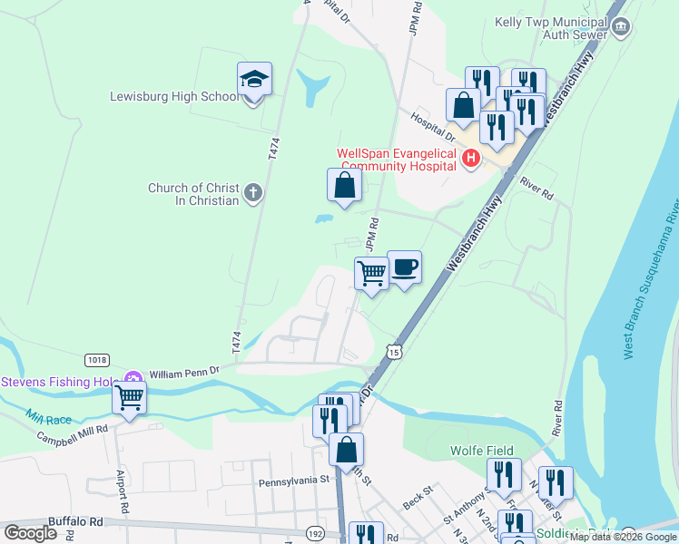 map of restaurants, bars, coffee shops, grocery stores, and more near 138 Willowbrook Boulevard in Lewisburg