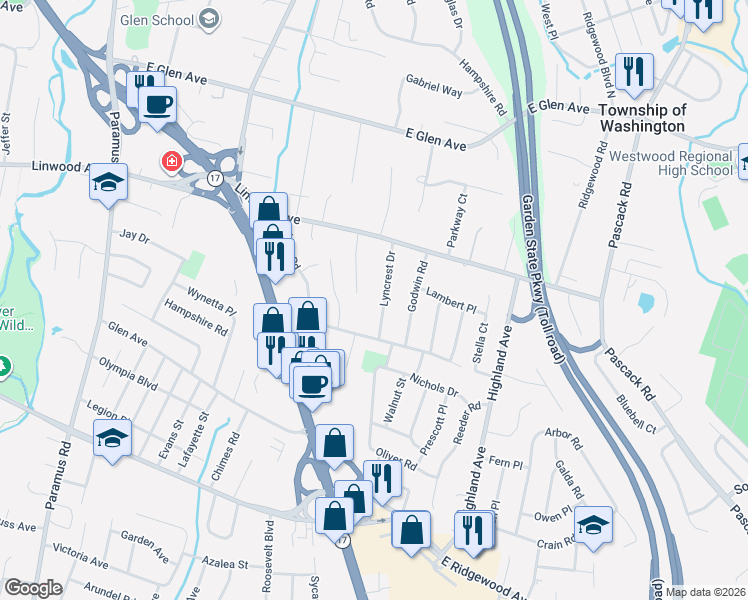 map of restaurants, bars, coffee shops, grocery stores, and more near 5 Lyncrest Drive in Paramus