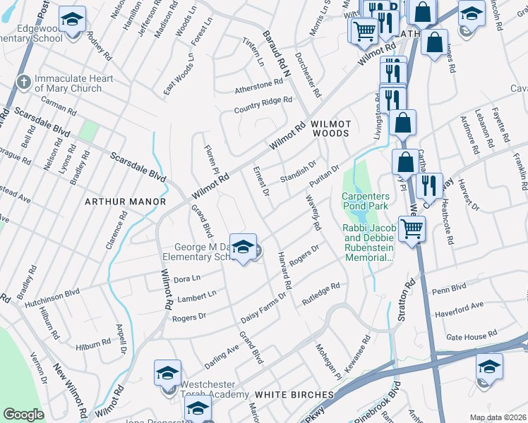 map of restaurants, bars, coffee shops, grocery stores, and more near 40 Top O the Ridge Drive in Scarsdale