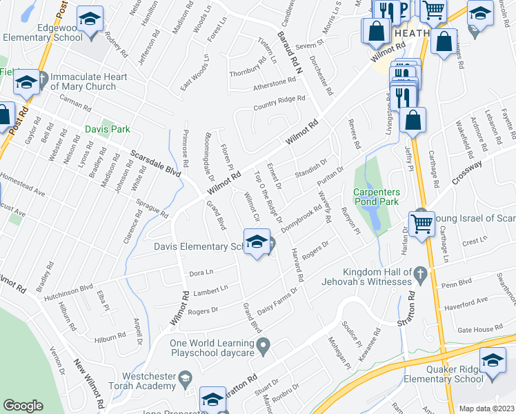 map of restaurants, bars, coffee shops, grocery stores, and more near 40 Top O the Ridge Drive in Scarsdale