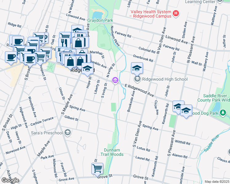map of restaurants, bars, coffee shops, grocery stores, and more near 14 Southern Parkway in Ridgewood