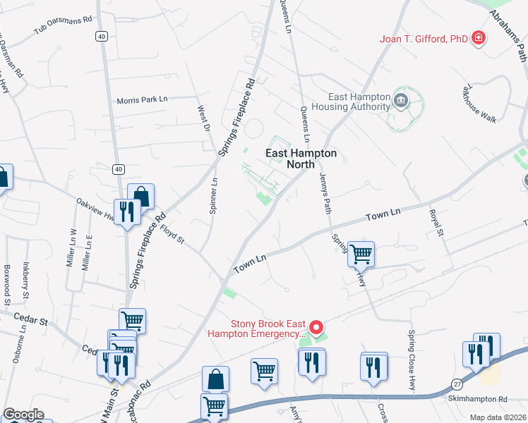 map of restaurants, bars, coffee shops, grocery stores, and more near 181 Accabonac Road in East Hampton