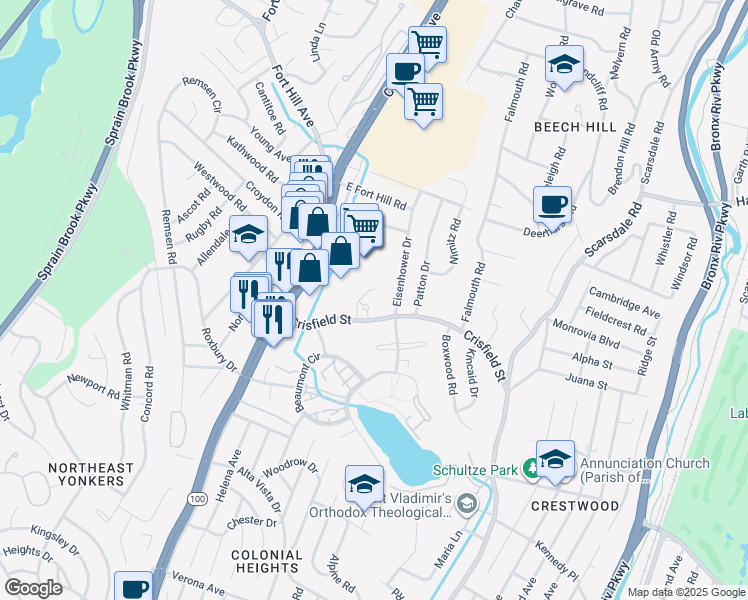 map of restaurants, bars, coffee shops, grocery stores, and more near 65 Crisfield Street in Yonkers