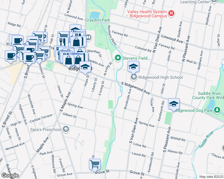 map of restaurants, bars, coffee shops, grocery stores, and more near 14 Southern Parkway in Ridgewood