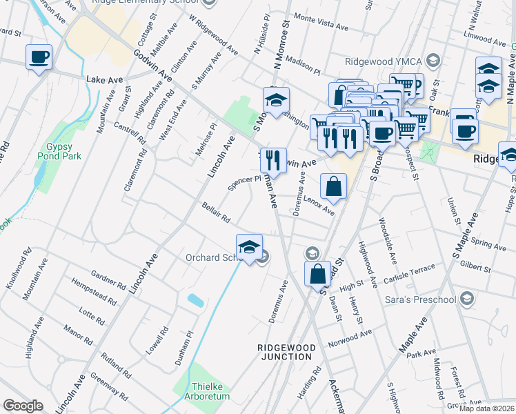 map of restaurants, bars, coffee shops, grocery stores, and more near 178 Katherine Road in Ridgewood