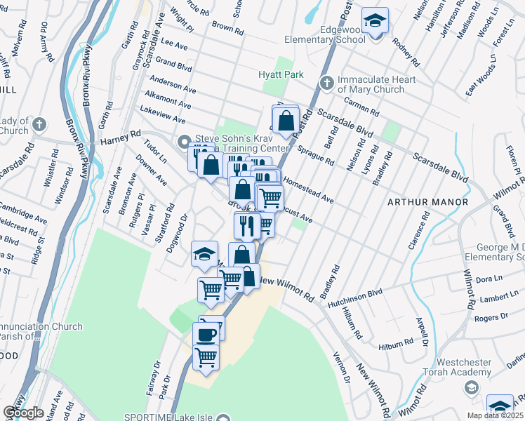 map of restaurants, bars, coffee shops, grocery stores, and more near 831 Post Road in Scarsdale