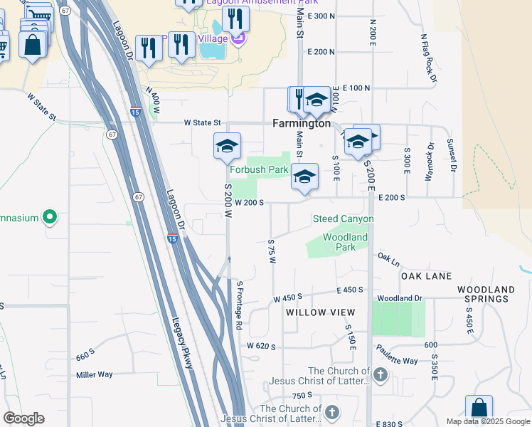 map of restaurants, bars, coffee shops, grocery stores, and more near 216 South 75 West in Farmington