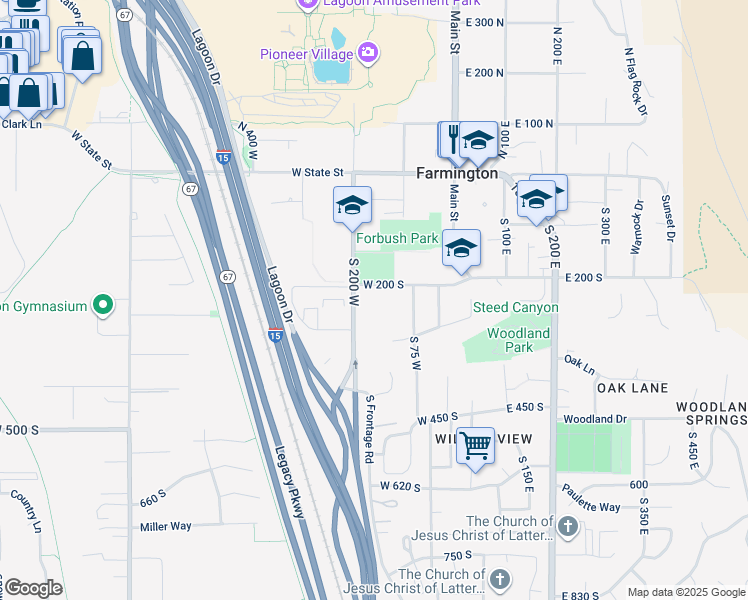 map of restaurants, bars, coffee shops, grocery stores, and more near 225 S 200 W in Farmington