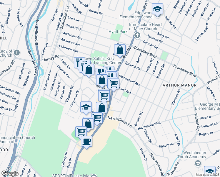 map of restaurants, bars, coffee shops, grocery stores, and more near 831 Post Road in Scarsdale
