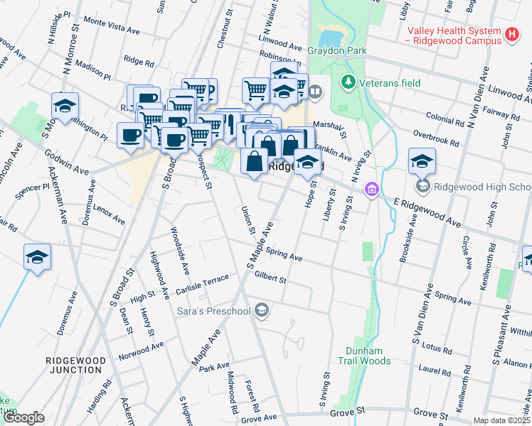 map of restaurants, bars, coffee shops, grocery stores, and more near 120 South Maple Avenue in Ridgewood